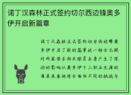 诺丁汉森林正式签约切尔西边锋奥多伊开启新篇章