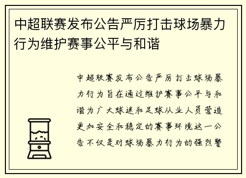 中超联赛发布公告严厉打击球场暴力行为维护赛事公平与和谐