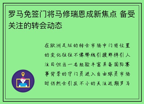 罗马免签门将马修瑞恩成新焦点 备受关注的转会动态 罗马免签门将马修瑞恩成新焦点 备受关注的转会动态